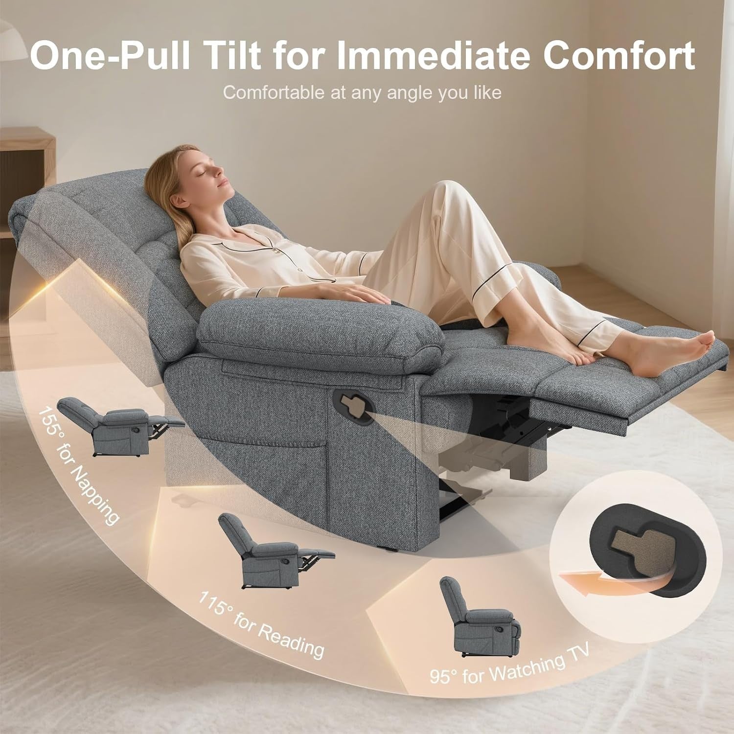 Manual Recliner Chair Massage Heat 135° Recline Footrest Dual Pockets Grey
