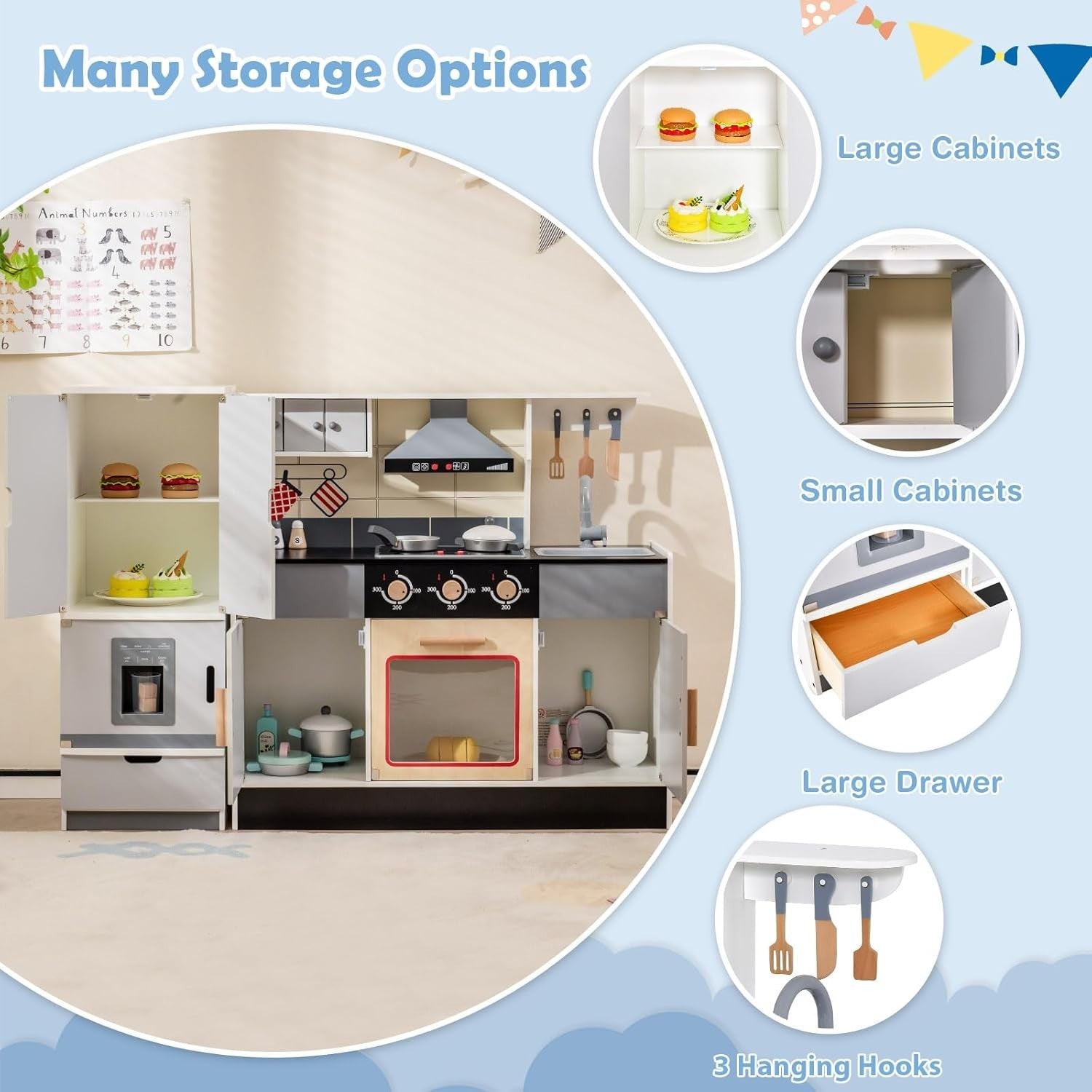 Wooden Kids Play Kitchen Set w/ Fridge Lights Sounds Accessories