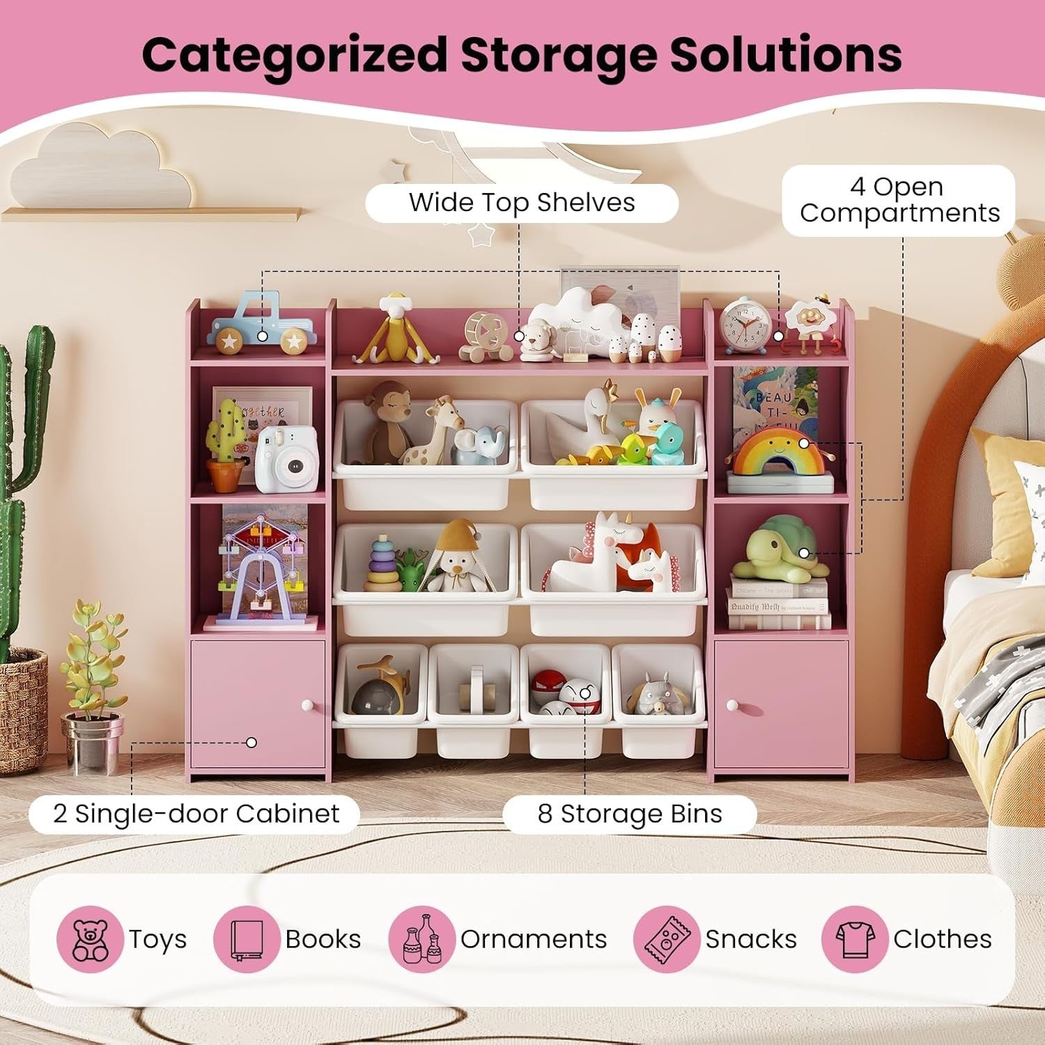 Pink Toy Storage Shelf – Kids 4-Tier Unit with Bins & Cabinets 142cm