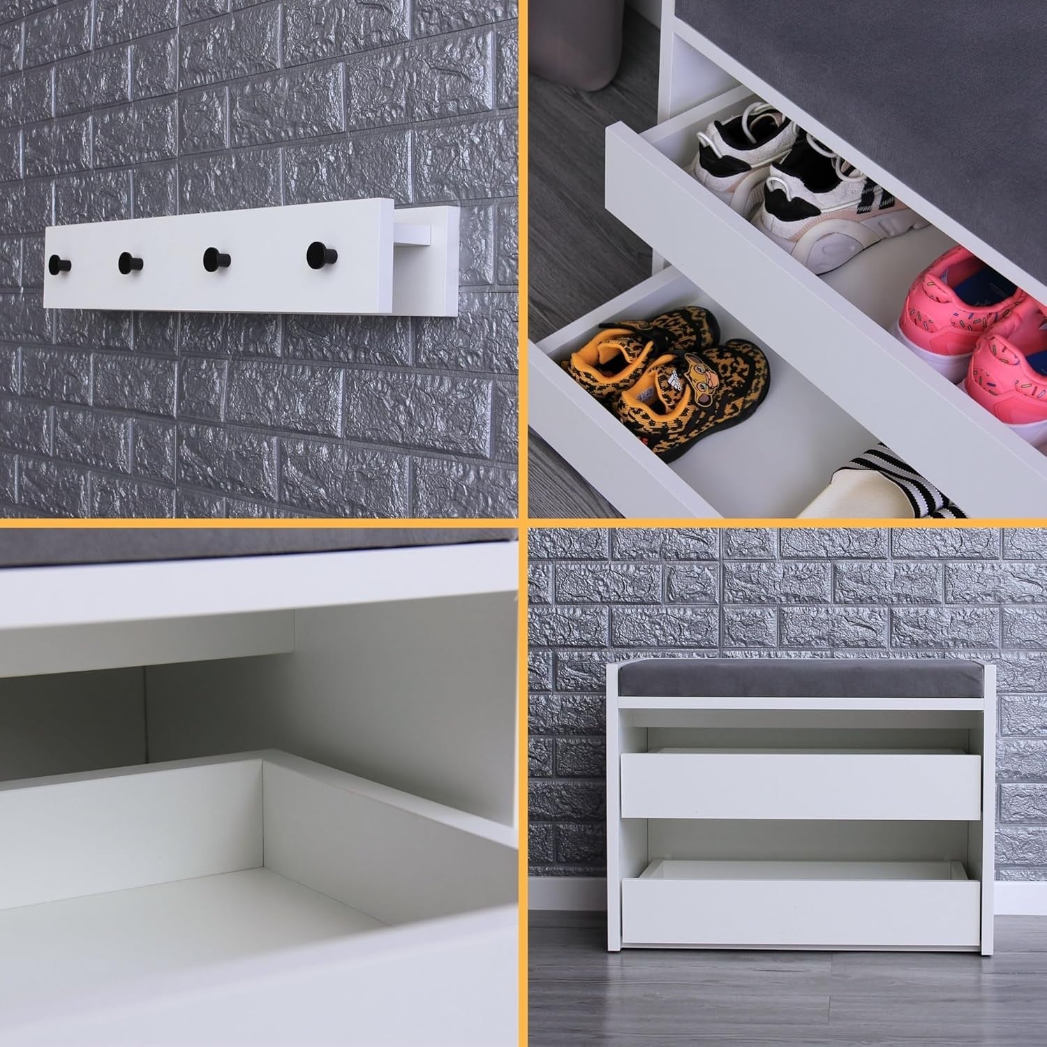 White Shoe Bench with Cushion & Wall Coat Rack Set Hallway Storage 60x35x45cm