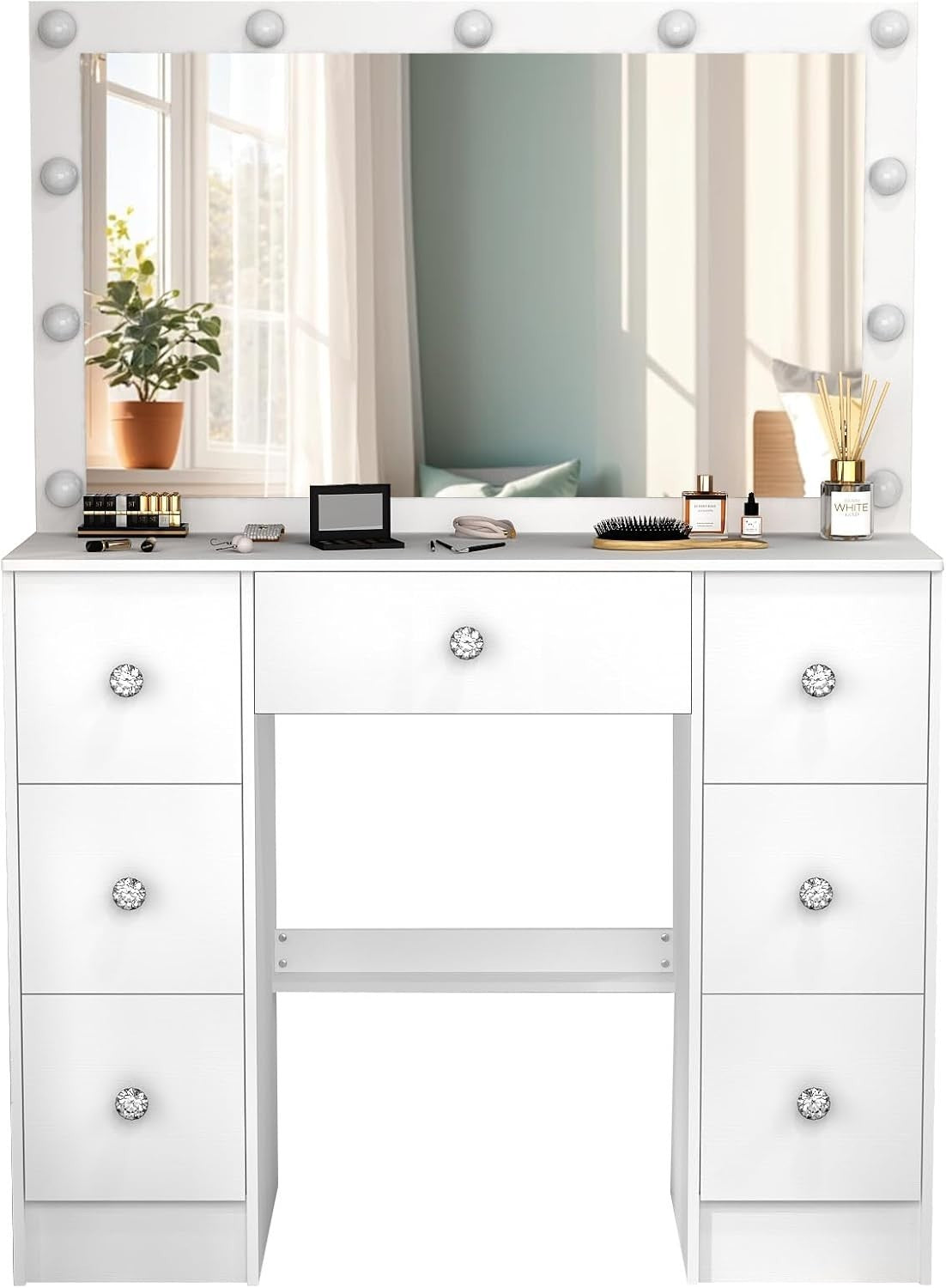 White Modern Vanity Desk Makeup Table Set w/ 10 LED Light Mirror & 3 Drawers (Ma