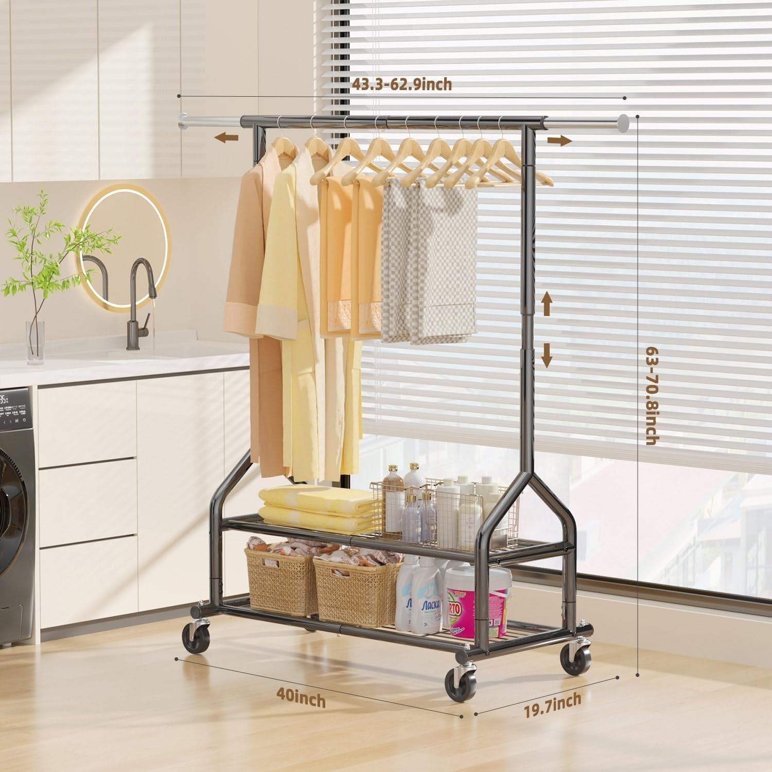 Heavy Duty 252KG Clothes Rail With Shelves & Wheels Black