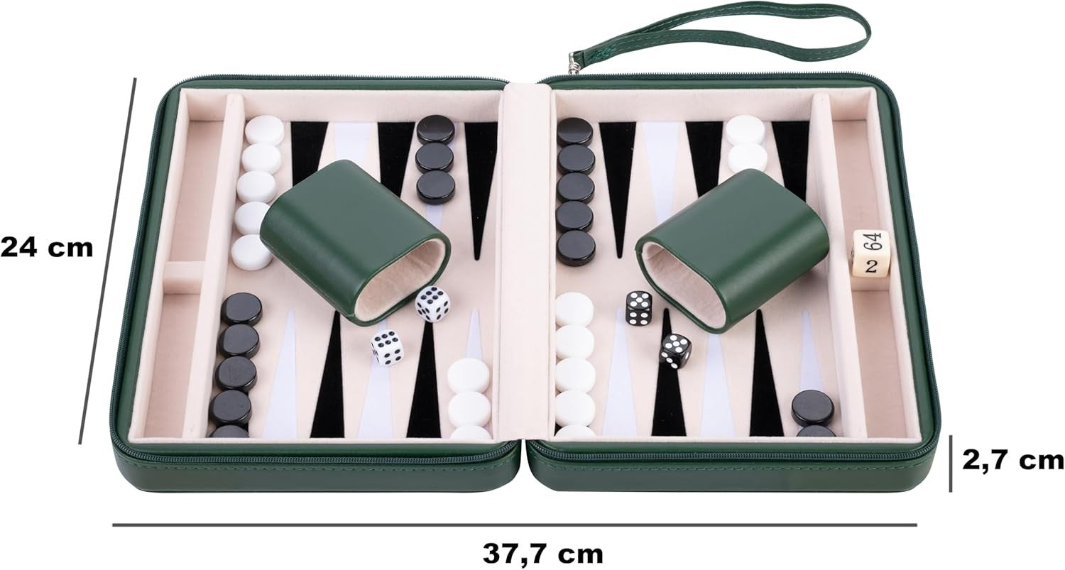 Travel Backgammon Set 9in Zip Pouch Leather Portable Board Game