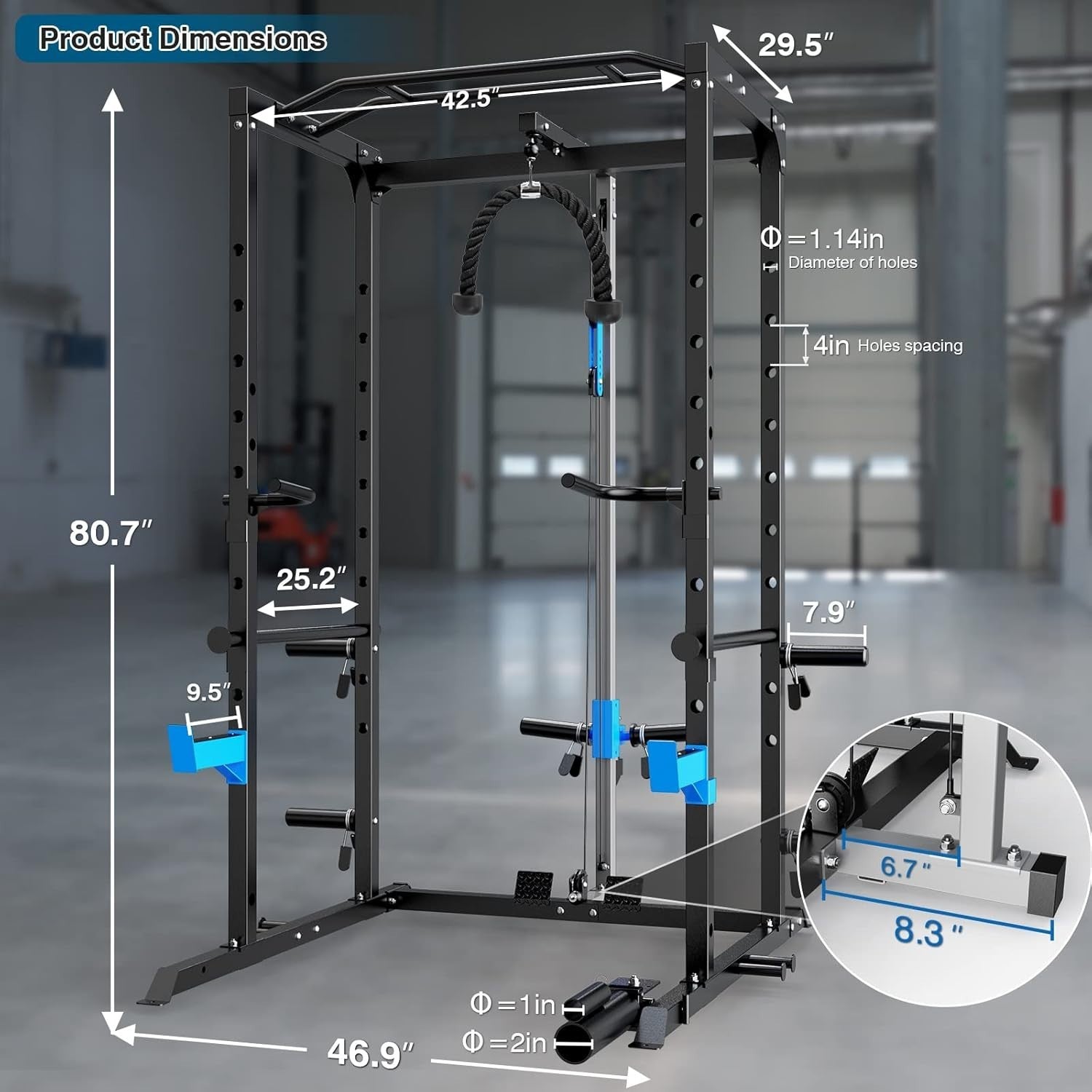 Multi-Functional Power Rack Cage J-Hooks Dip Handles Cable Pulley