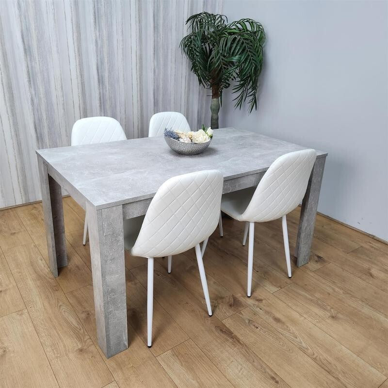 Modern Grey Dining Table Set 4 White Faux Leather Chairs for Kitchen Room
