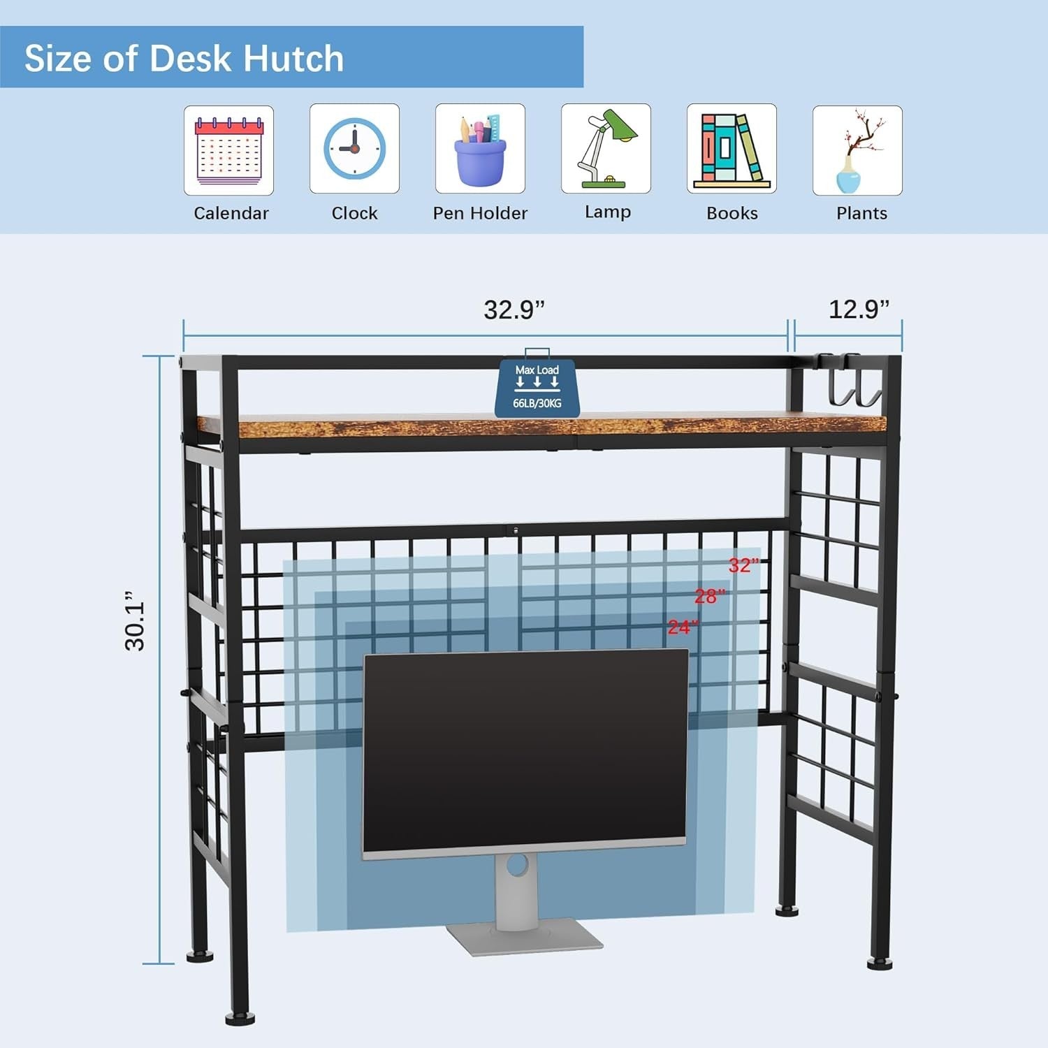 32.9" Metal Desk Hutch Shelf with Grid Panel | 2-Tier Desktop Organizer Rack