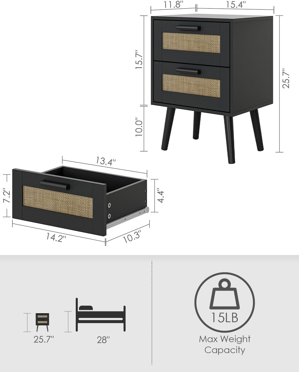 Rattan Bedside Table with 2 Drawers – Modern Wood Nightstand Storage