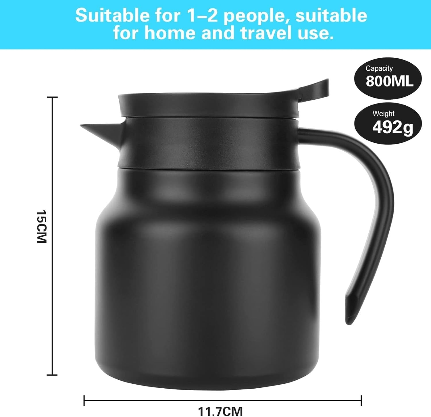 Vacuum Teapot 800ml Stainless Steel Tea Coffee Pot Temp Display Black