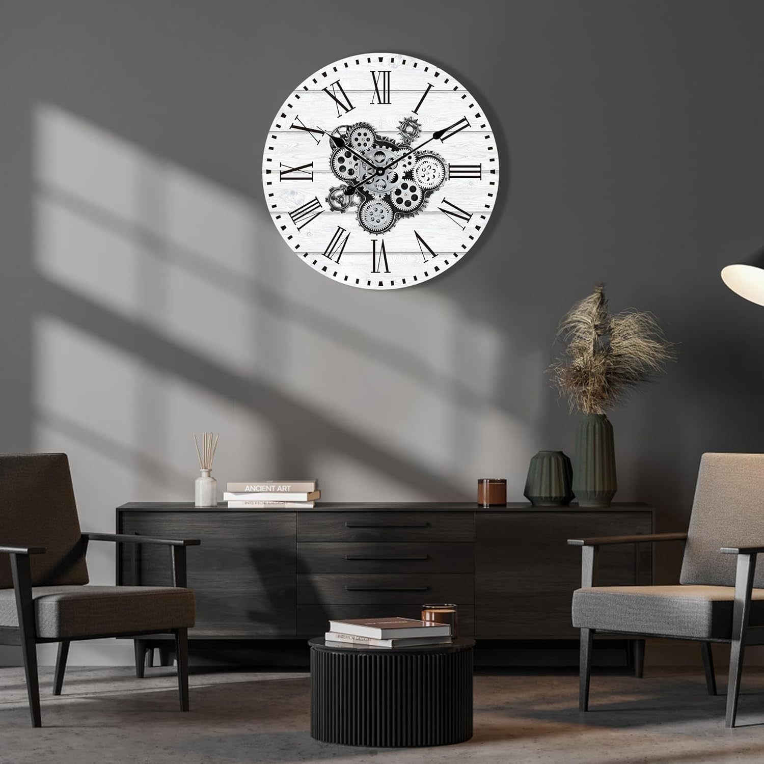 23" White Wall Clock Real Gears Rustic Farmhouse Roman Numeral Vintage