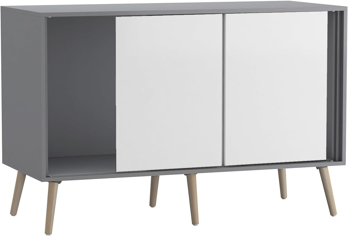 Modern Sideboard Cabinet 3 Door Sliding Storage Unit Grey White Pine