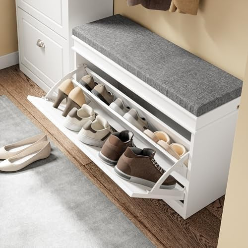 White Shoe Storage Bench with Cushion & Flip Drawer – Narrow Hallway Unit