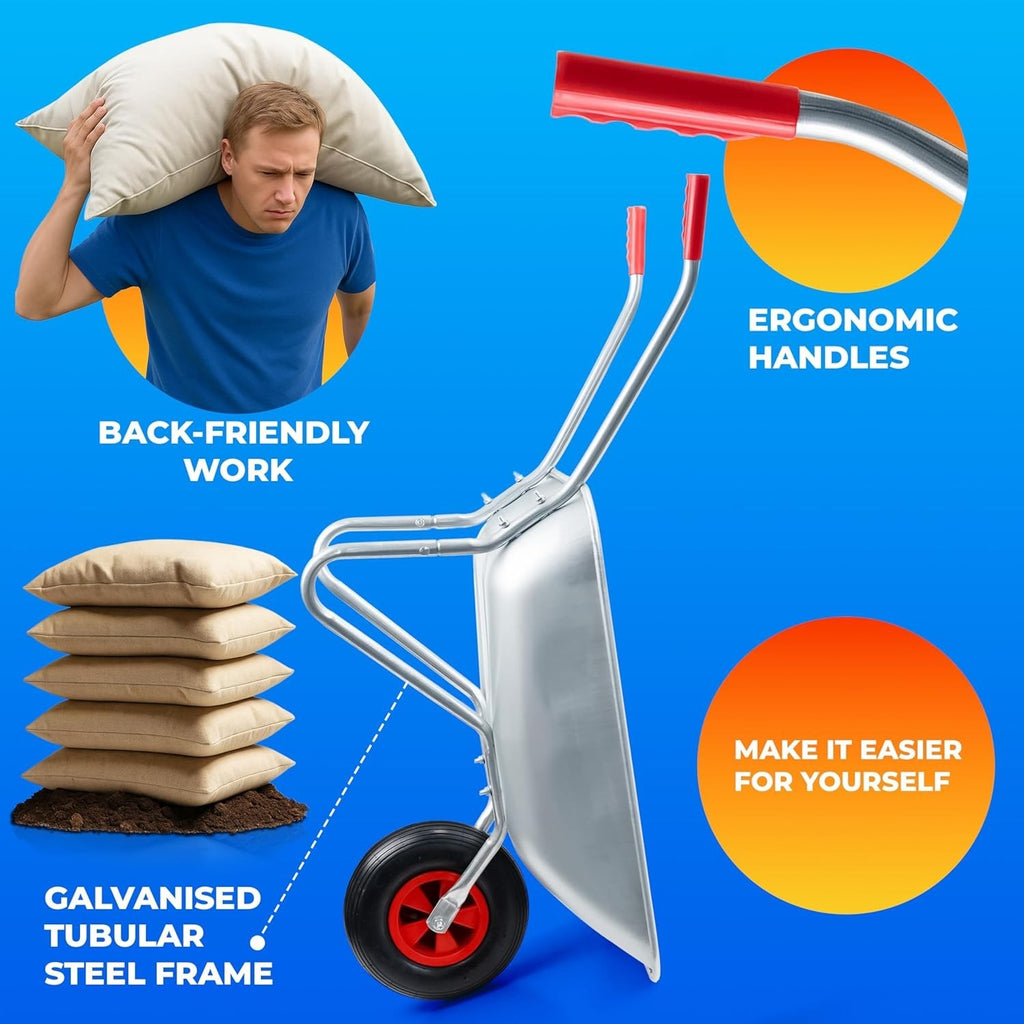 65L Galvanised Wheelbarrow – Pneumatic Tyre Heavy Duty Steel Cart for 100kg