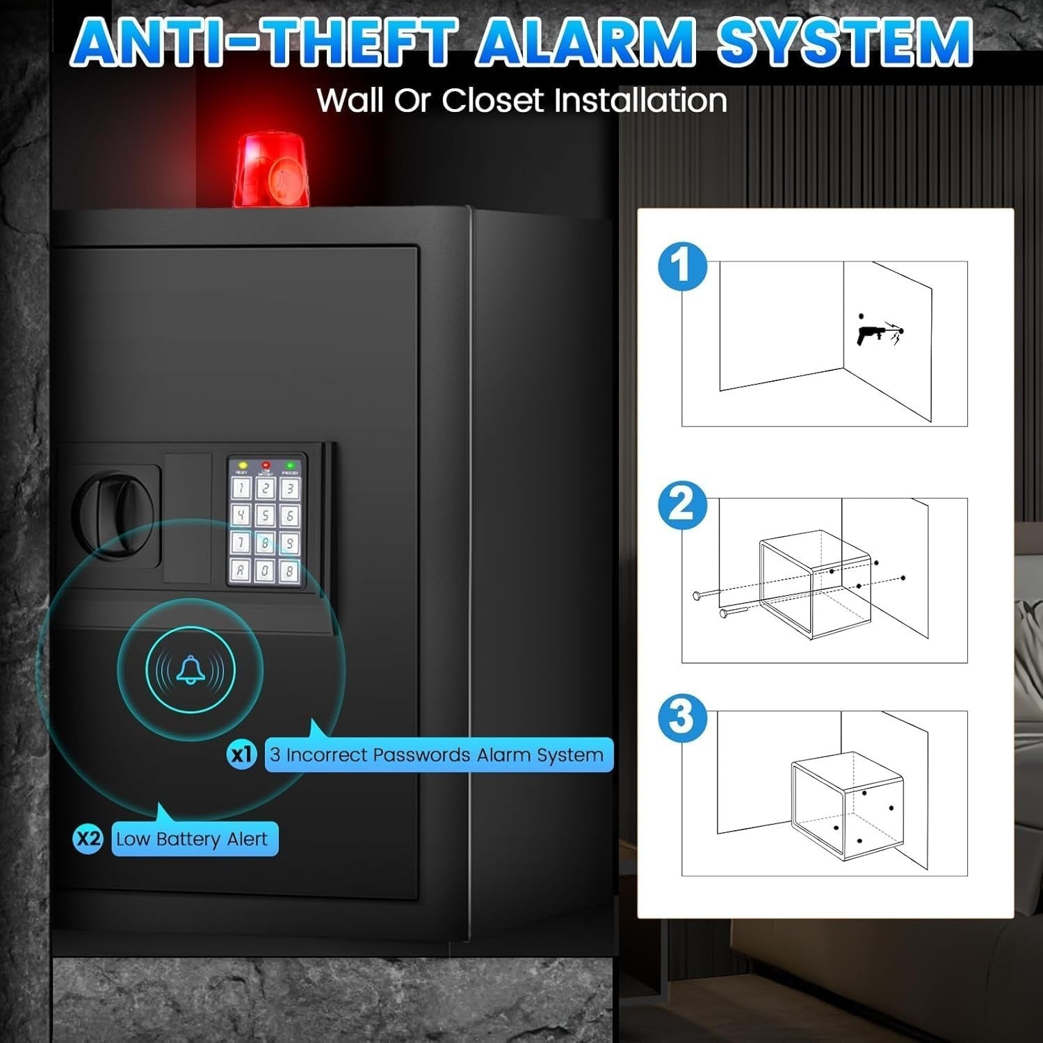 68L Digital Safe Box Fireproof Bag Alarm Wall Floor Mount Black