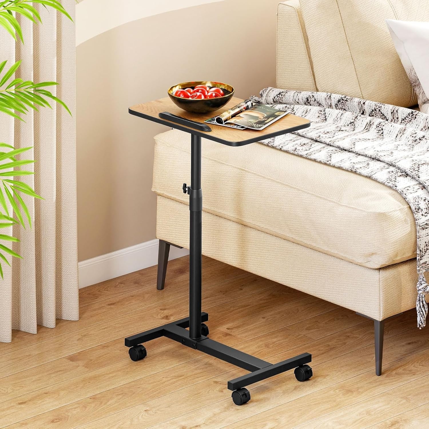 Adjustable Overbed Table Laptop Desk C Shaped Rolling Bedside Stand Brown