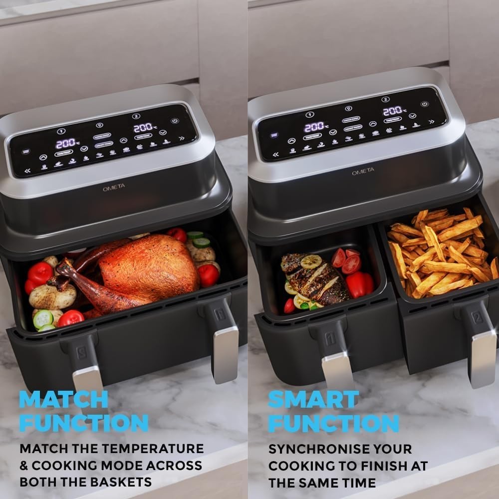 Dual Air Fryer 9L 3 Basket Set Dishwasher Safe Match Sync Cook 10 Presets