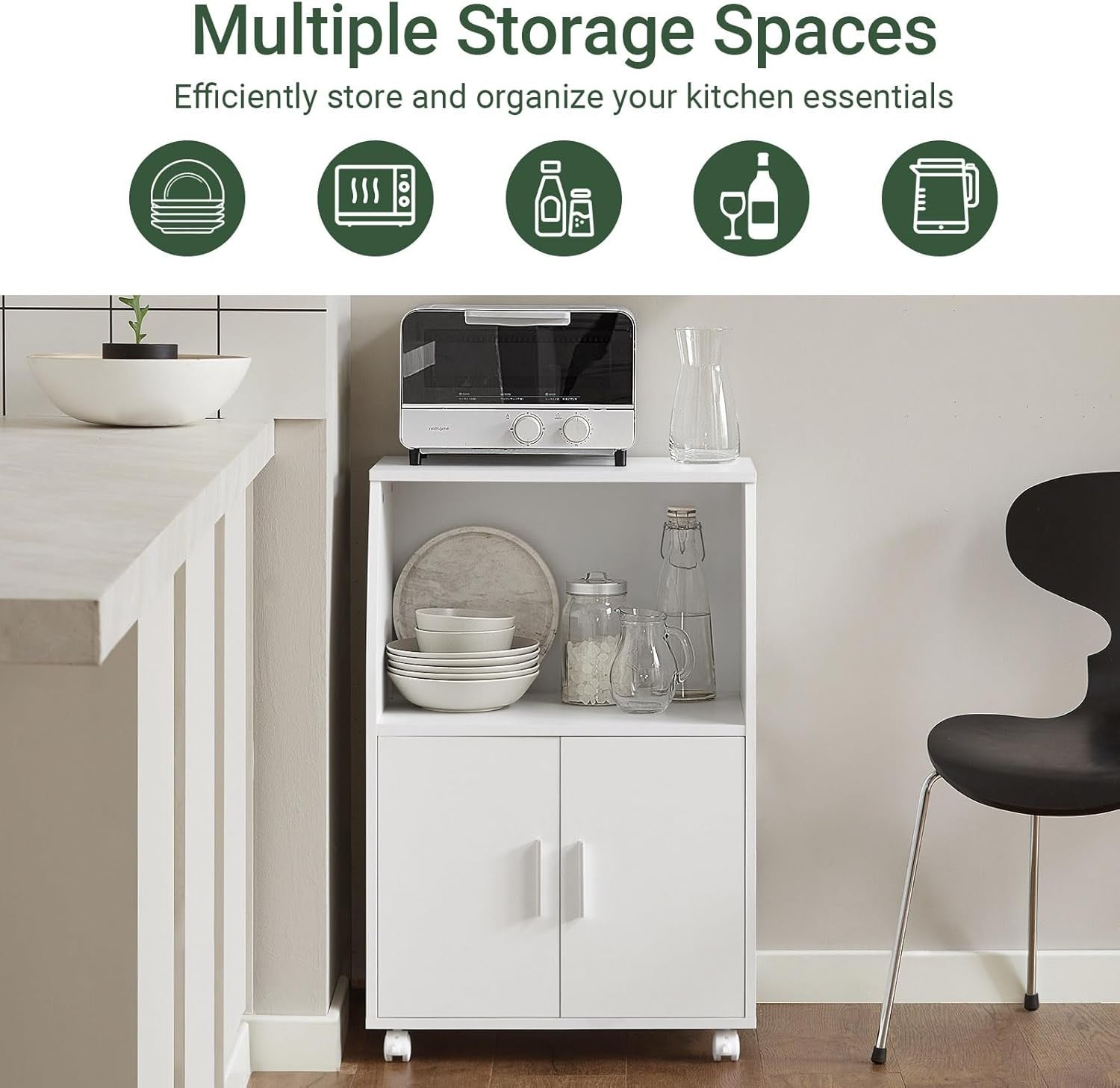 White Kitchen Trolley Cabinet with Doors Rolling Microwave Storage Cart