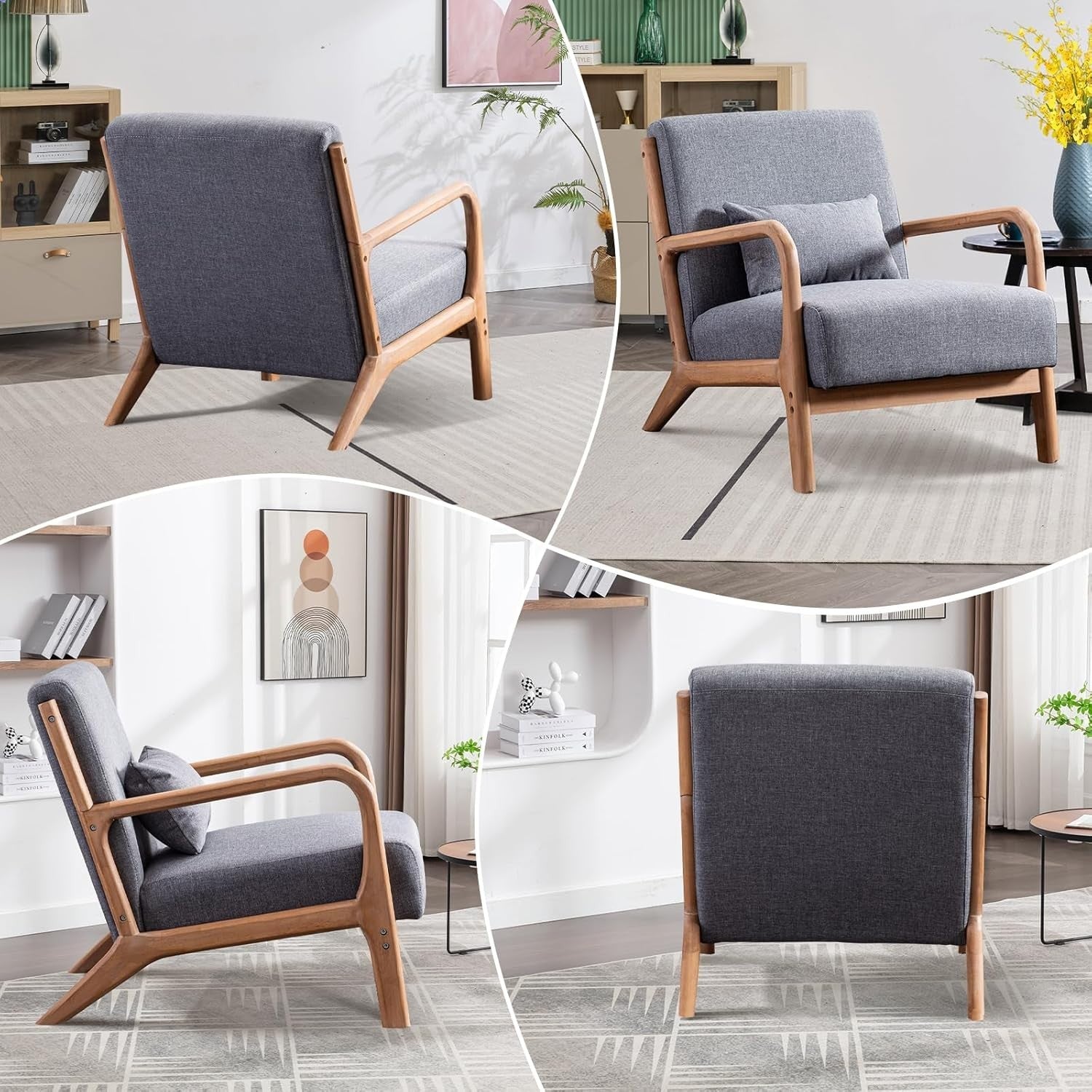 Modern Mid-Century Accent Armchair Grey High Back Foam Cushion Wood Legs
