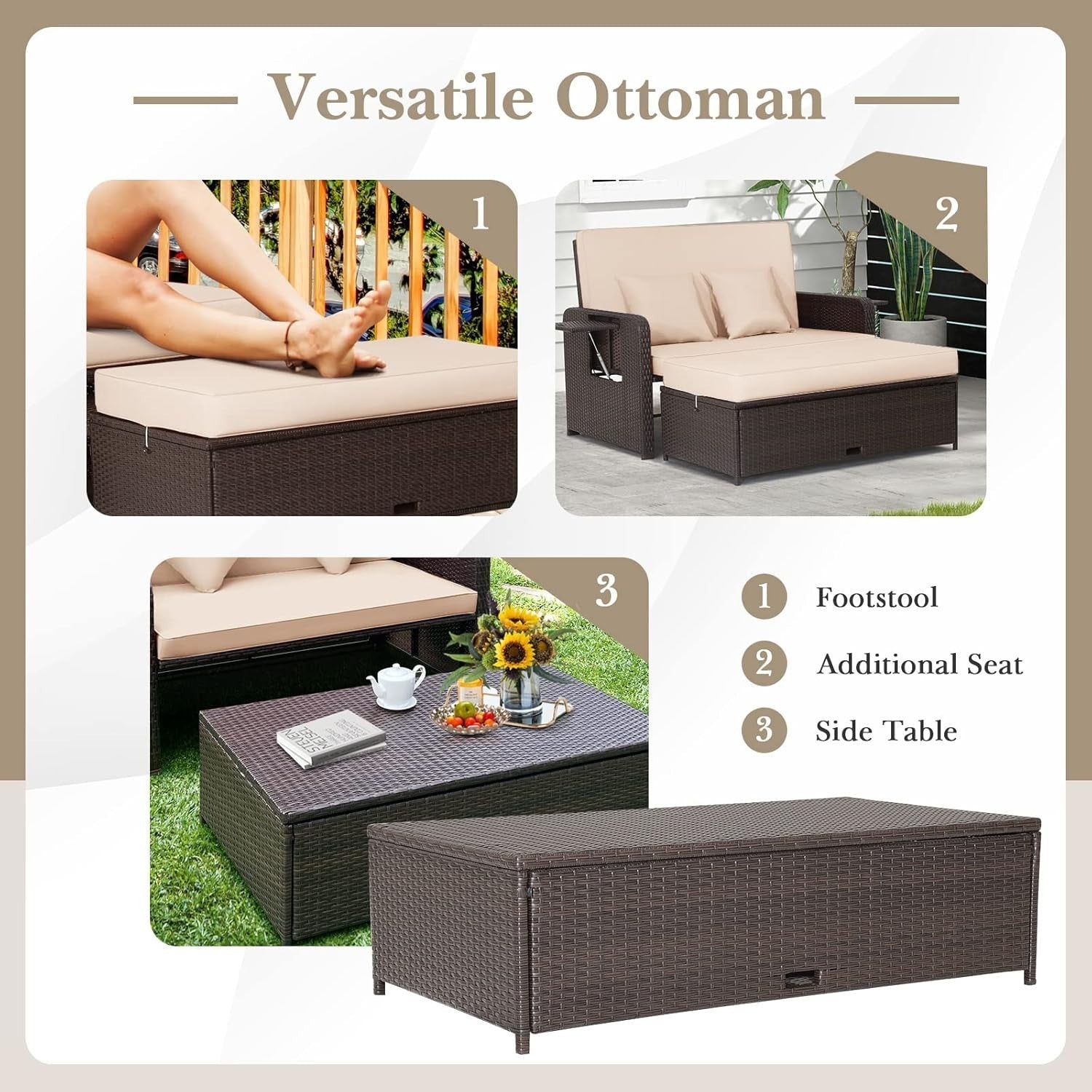 Beige+Brown 2-Seater Rattan Daybed Outdoor with Adjustable Back & Ottoman