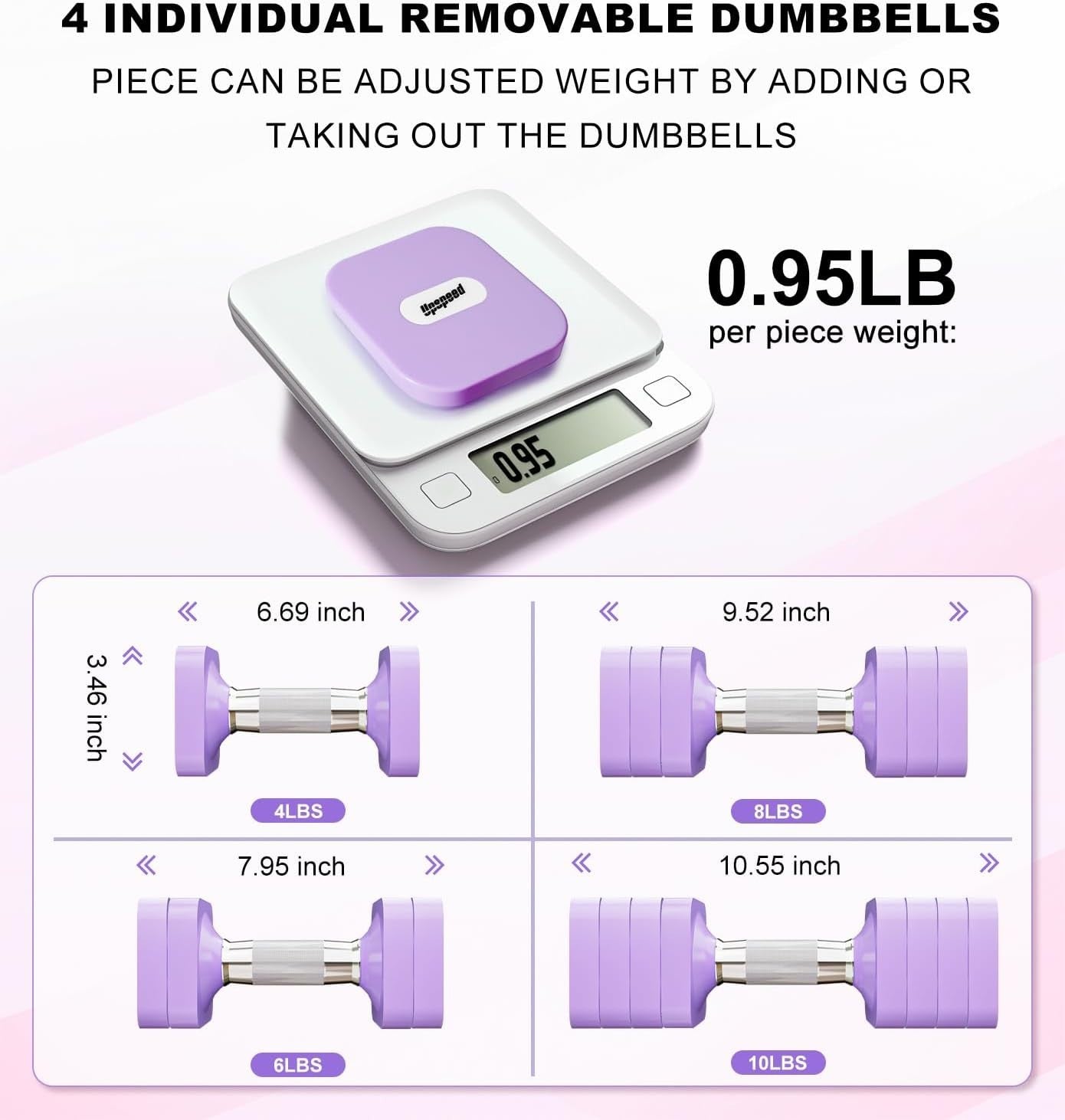 20LB Adjustable Dumbbells Pair 4-in-1 Anti-Roll Purple Home Fitness