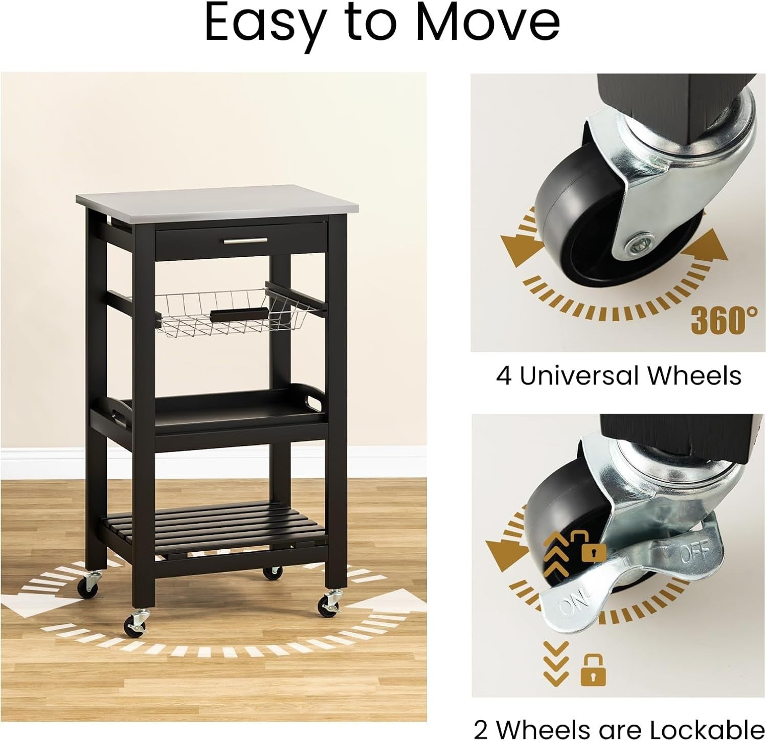 4 Tier Kitchen Trolley Stainless Steel Top Cart Black