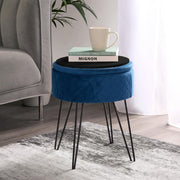 Navy Velvet Storage Stool Round Quilted Footrest Hairpin Leg Vanity Seat