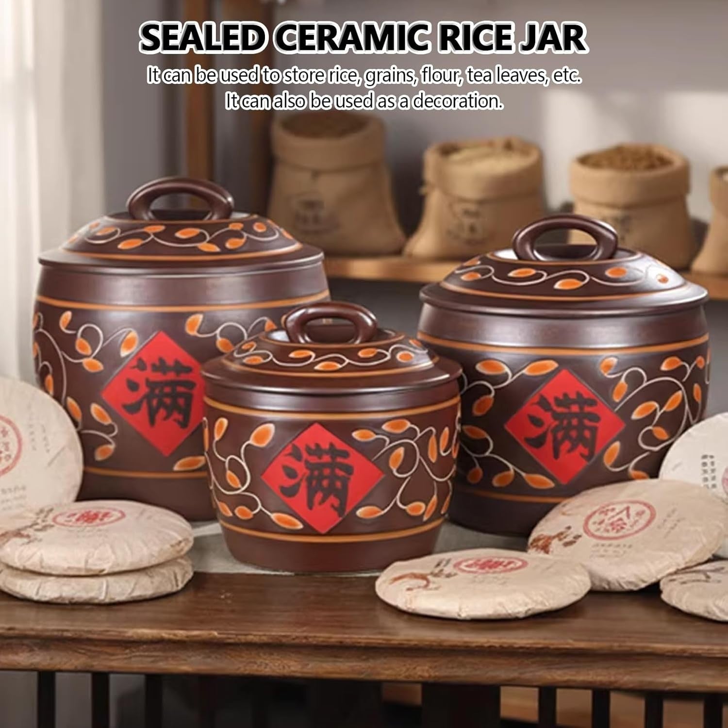 10KG Ceramic Rice Storage Jar Airtight Grain Food Container with Lid