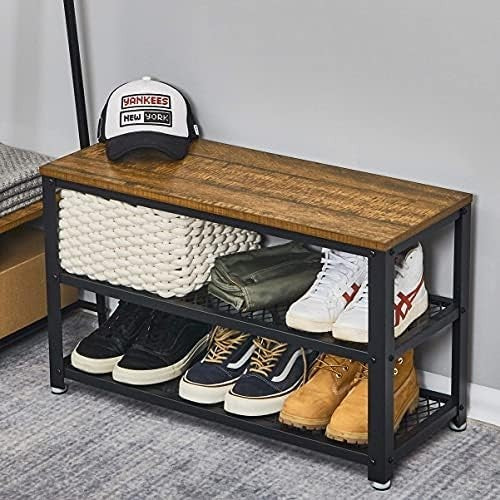 Rustic Brown Shoe Storage Bench with 2 Shelves – Industrial Metal Hallway Unit