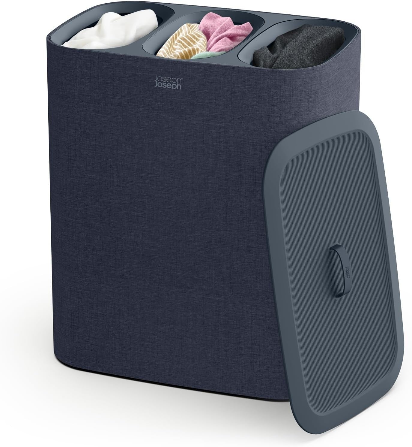 90L Trio Laundry Basket with Lid 3 Removable Wash Bags Black Dark Blue Modern