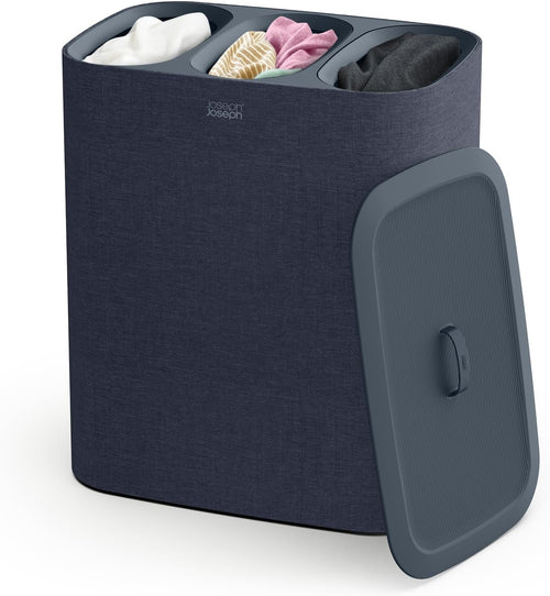 90L Trio Laundry Basket with Lid 3 Removable Wash Bags Black Dark Blue Modern
