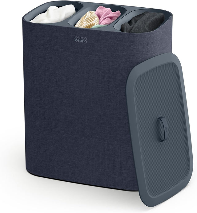 90L Trio Laundry Basket with Lid 3 Removable Wash Bags Black Dark Blue Modern