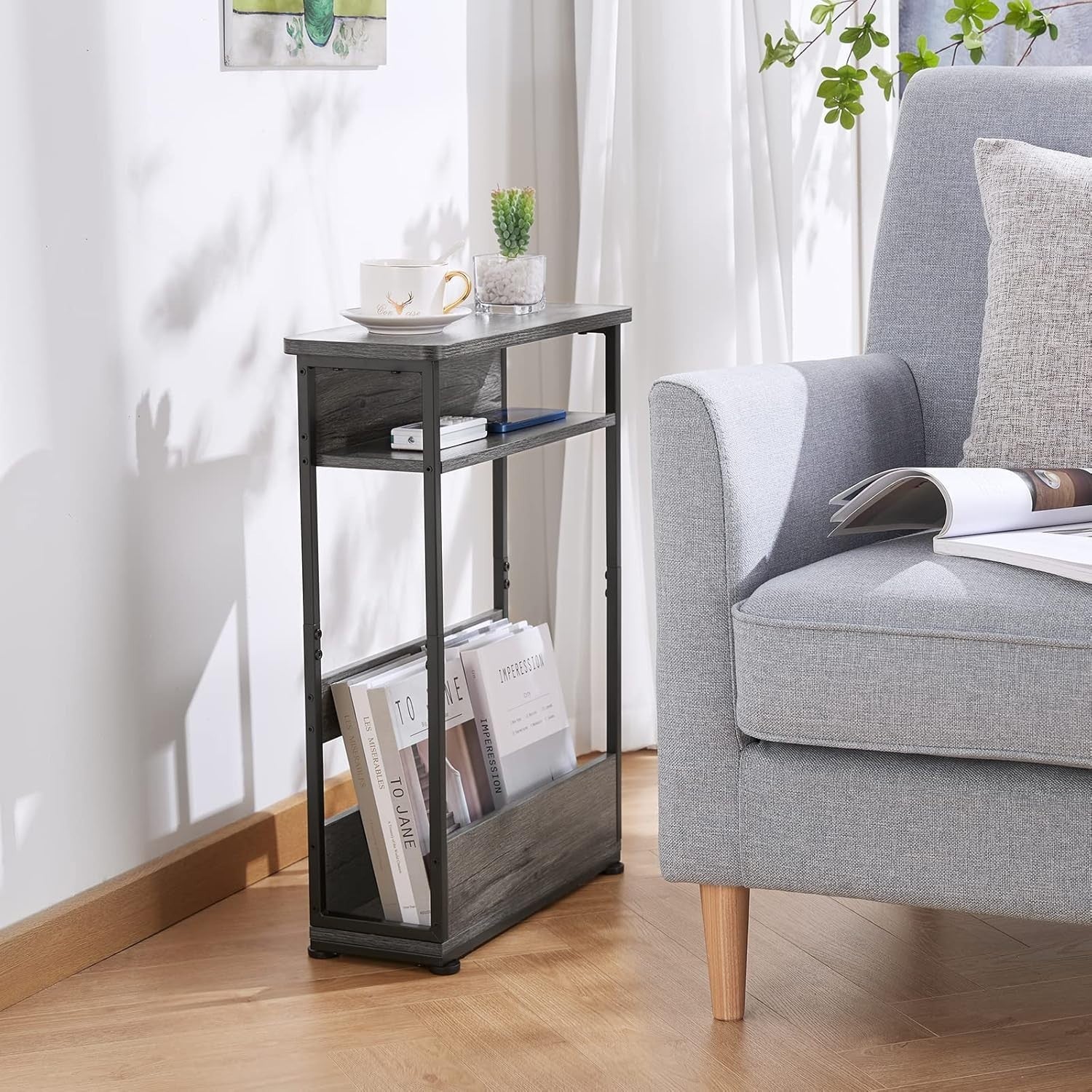 Narrow 3-Tier Side Table with Storage Shelf, Slim End Table for Small Spaces 46x