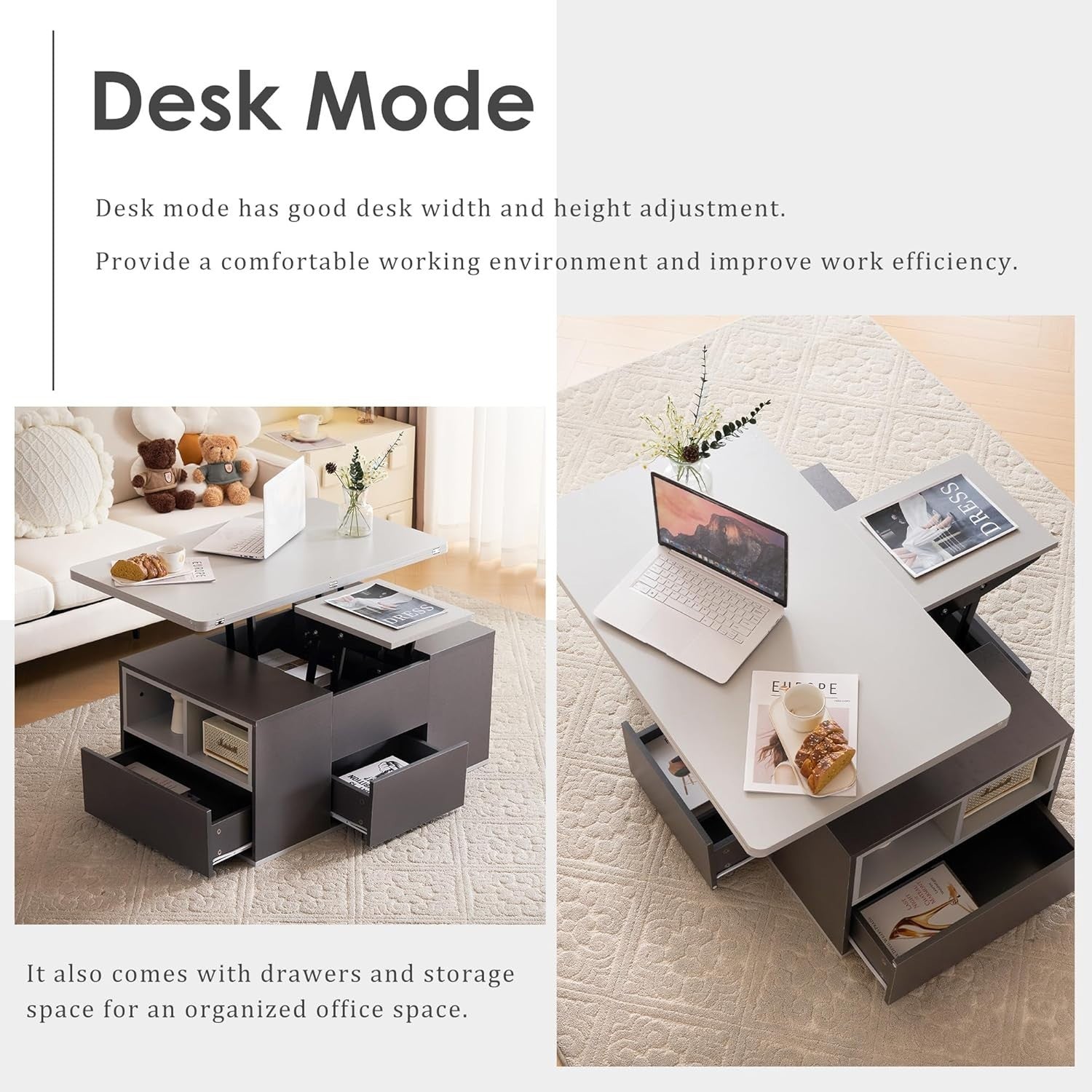 Lift-Top Coffee Table with 3 Drawers & Storage, Grey 100x51x47cm