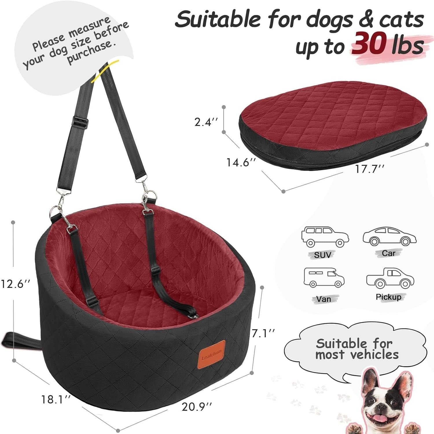Small Dog Car Seat Bed Memory Foam Booster Travel Seat w 2 Leashes