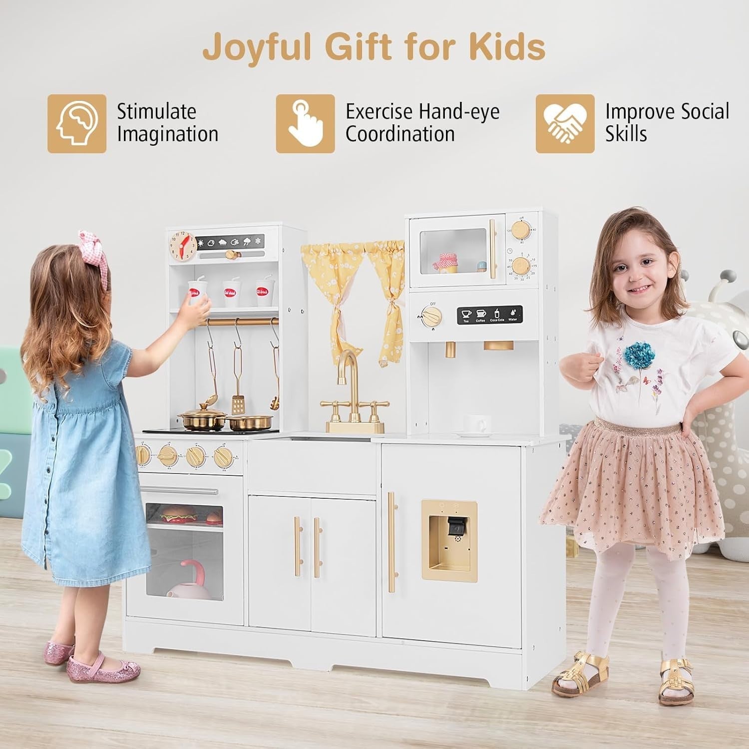 Kids Wooden Play Kitchen Lights Sounds Coffee Maker Microwave White