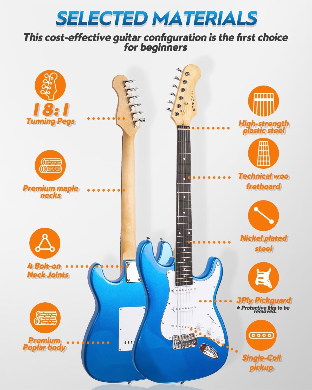 39" Electric Guitar Starter Kit SSS 10W Amp Blue Full Size