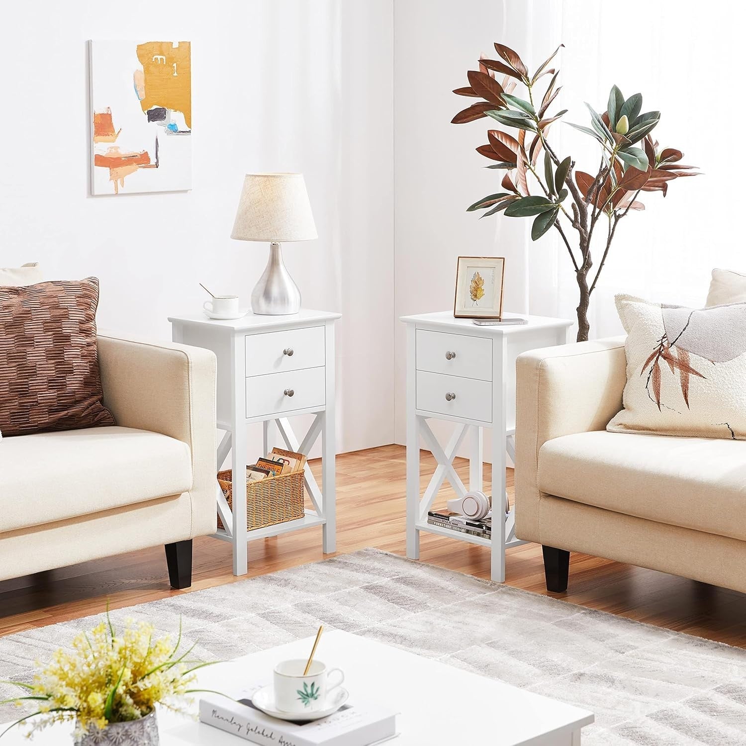 Set of 2 Tall White Bedside Tables with 2 Drawers & Shelf | Slim X-Frame