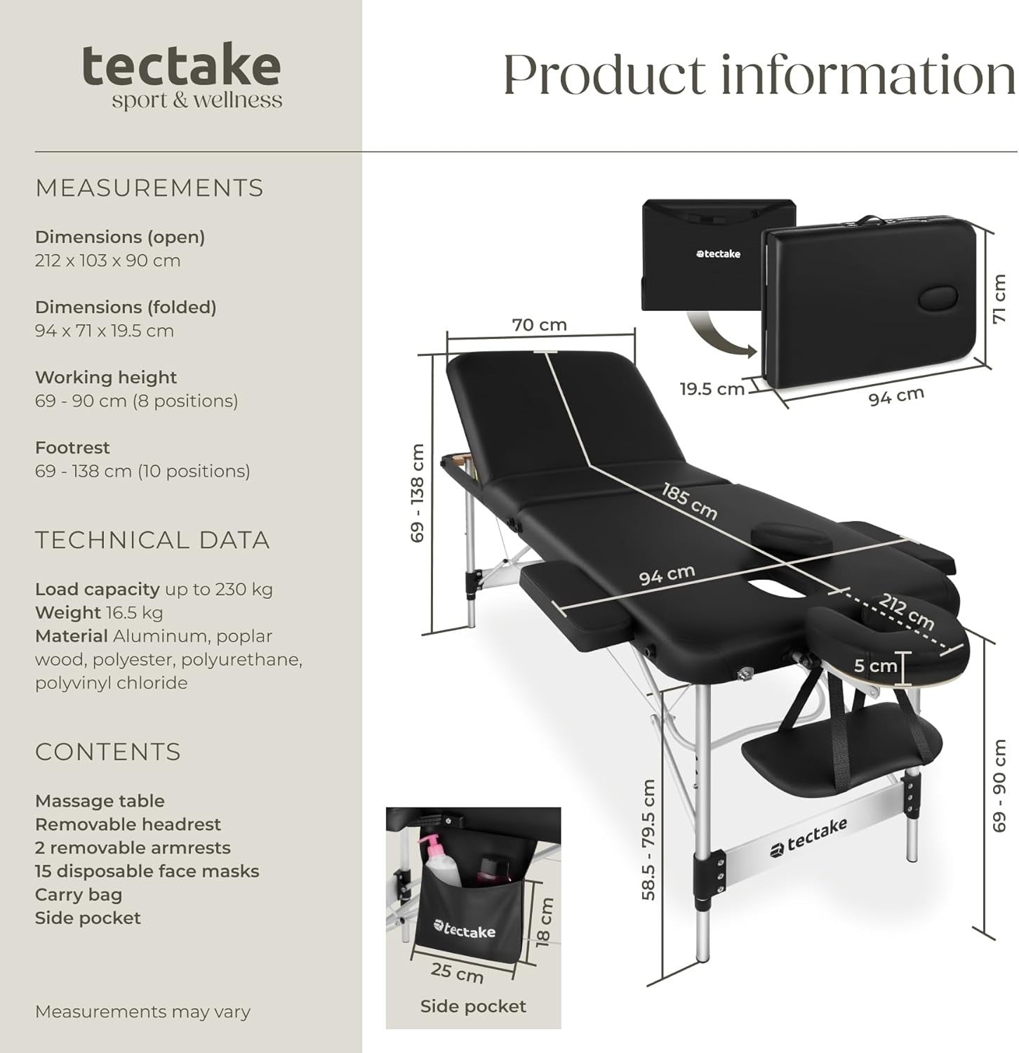 Portable 3 Zone Massage Table Foldable Aluminium Spa Beauty Bed 70cm Black