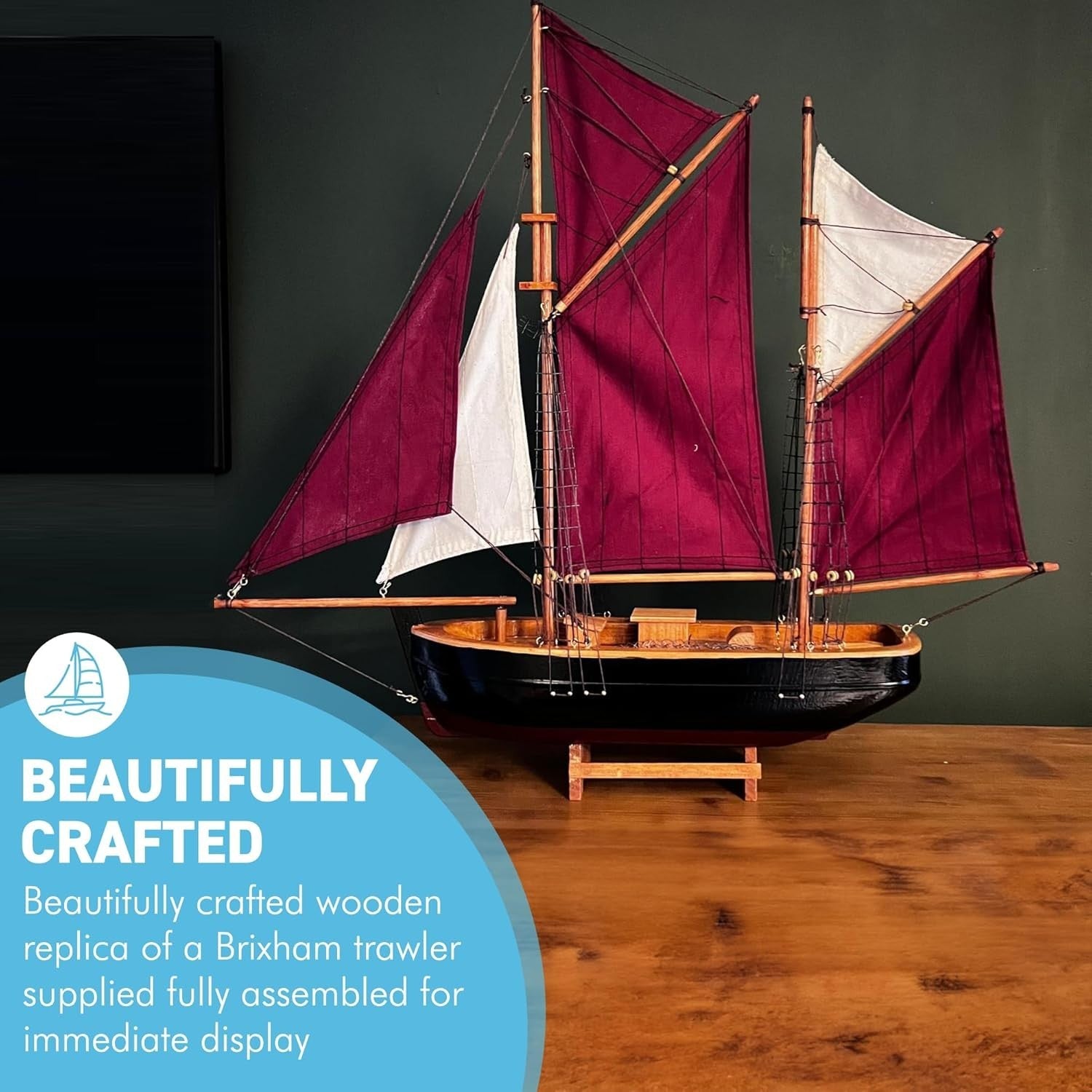 Brixham Trawler Model Yacht 55cm Sailing Boat Decor | Wooden Fishing Ship