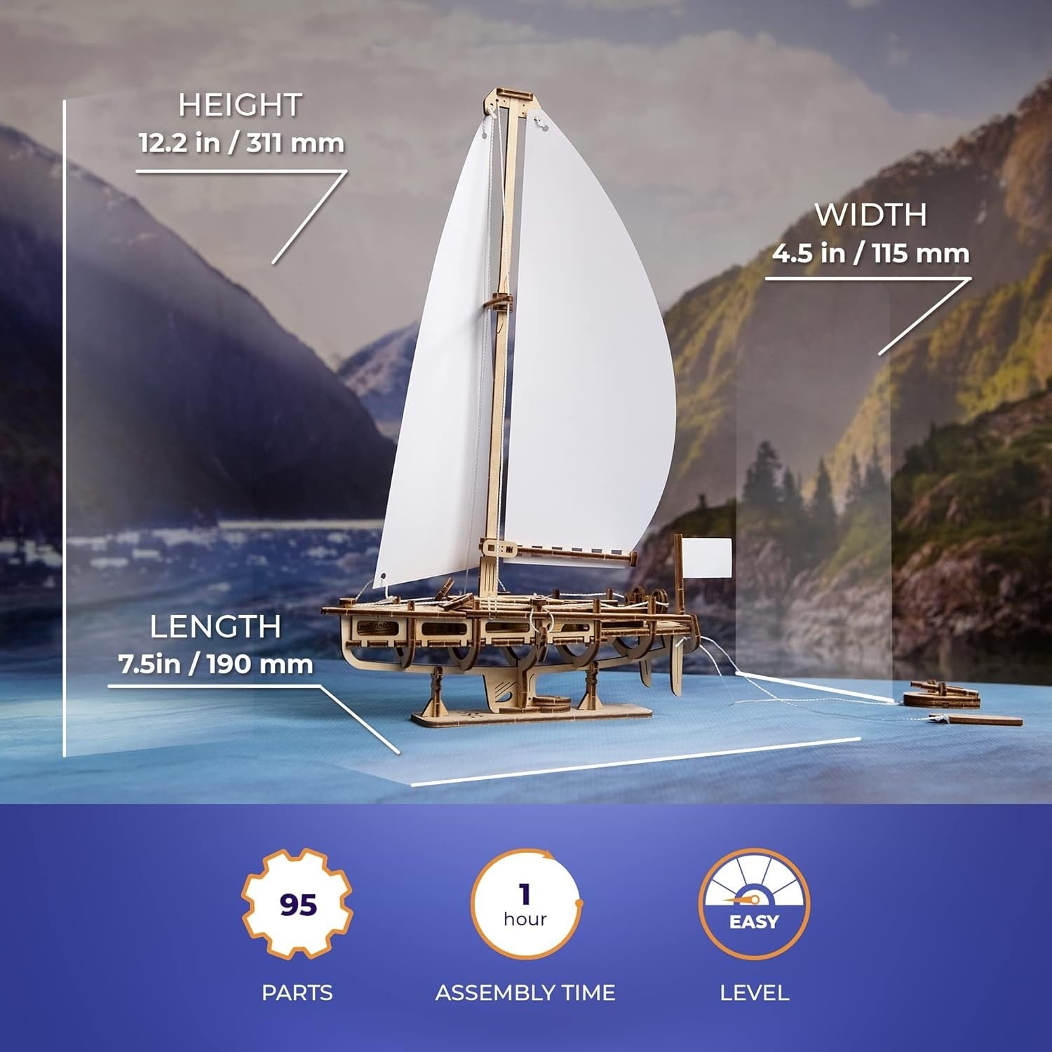 3D Wooden Sailing Yacht Puzzle Model with Stand & Realistic Moving Parts