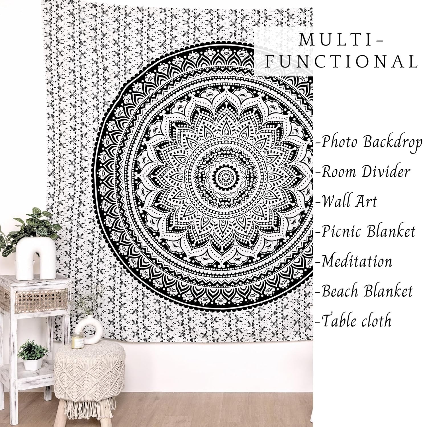 Black King-Size Mandala Cotton Tapestry 230x274cm Boho Decor
