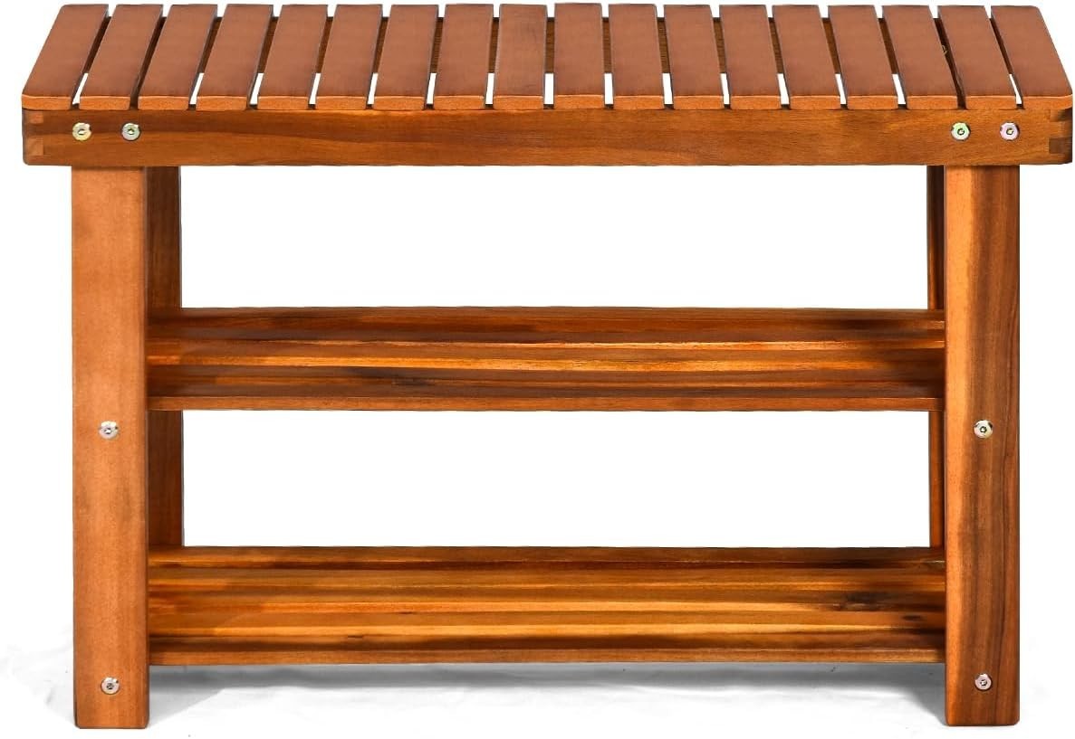 70cm Acacia Wood 3-Tier Shoe Rack Bench – Hallway Storage Seat