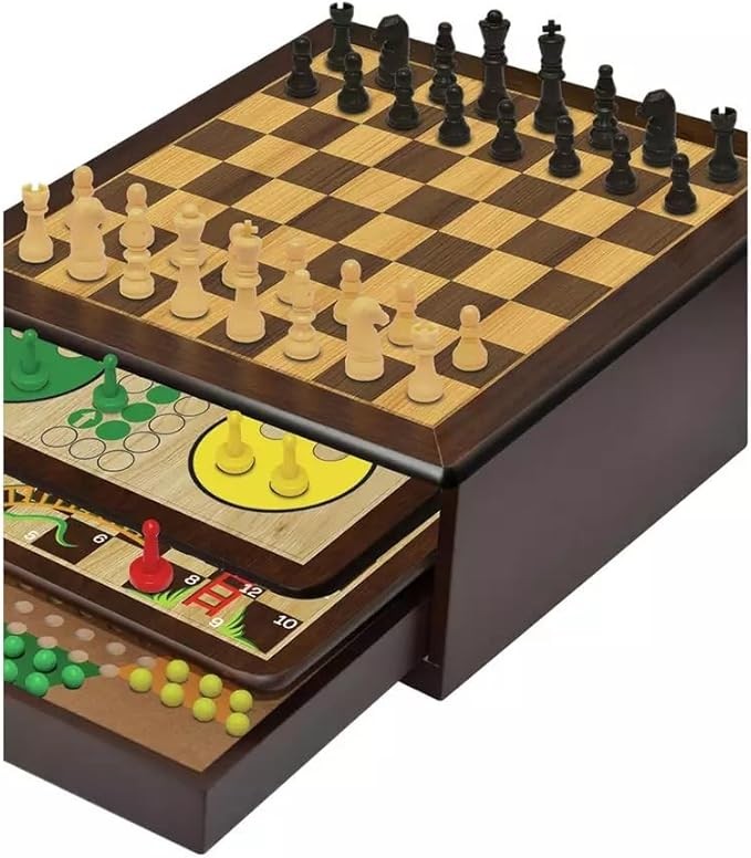 Luxury 10-in-1 Wooden Board Game Set with Chess, Checkers & Storage Drawers