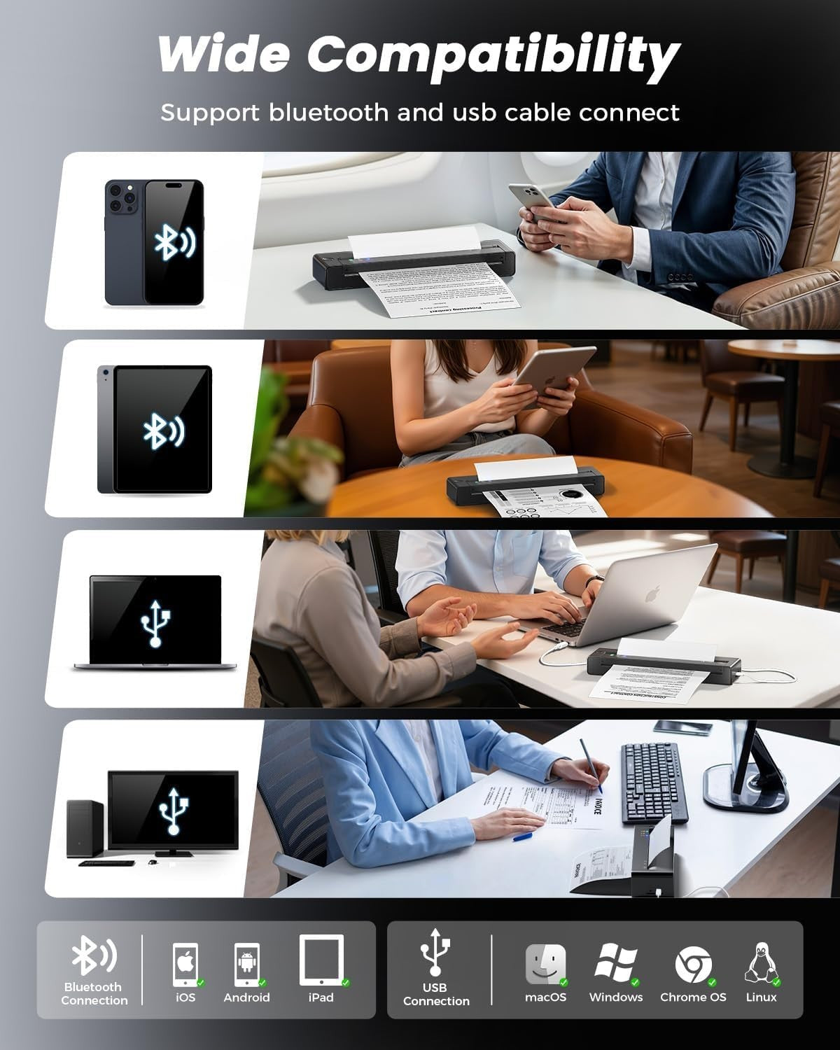 Black Portable Thermal Printer A4/A5/B5 Wireless Inkless Bluetooth Printer