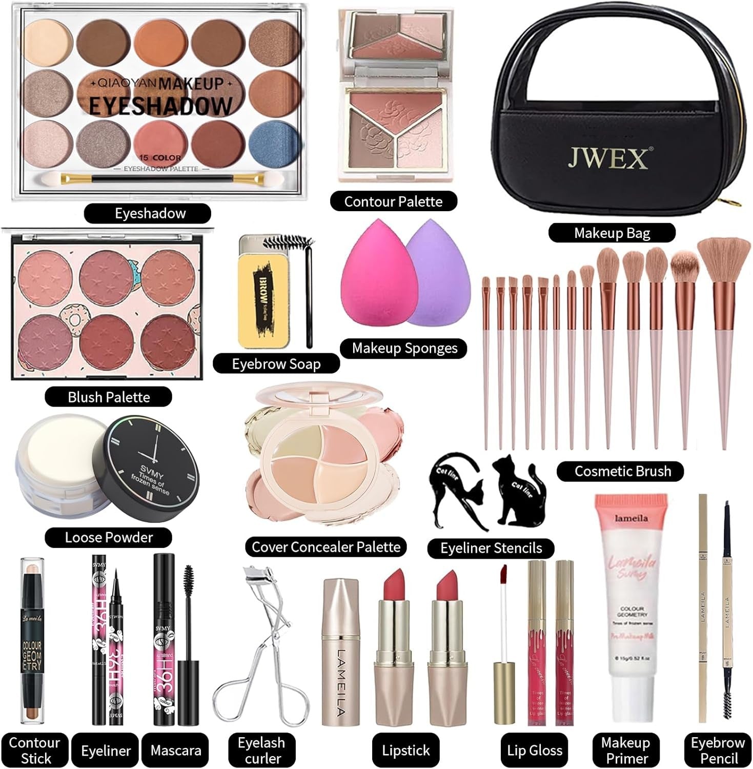 34pc Makeup Kit – Eyeshadow, Lipstick, Brushes & Travel Bag