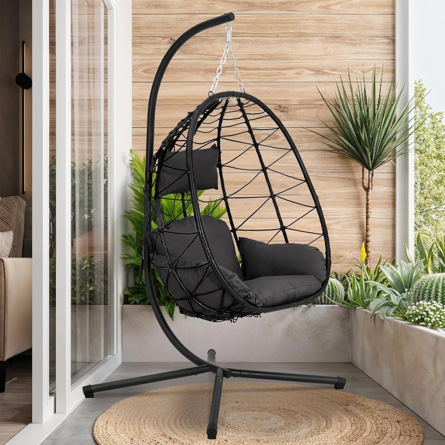 Hanging Egg Chair with Stand Cushioned Rattan Swing Seat Indoor Outdoor