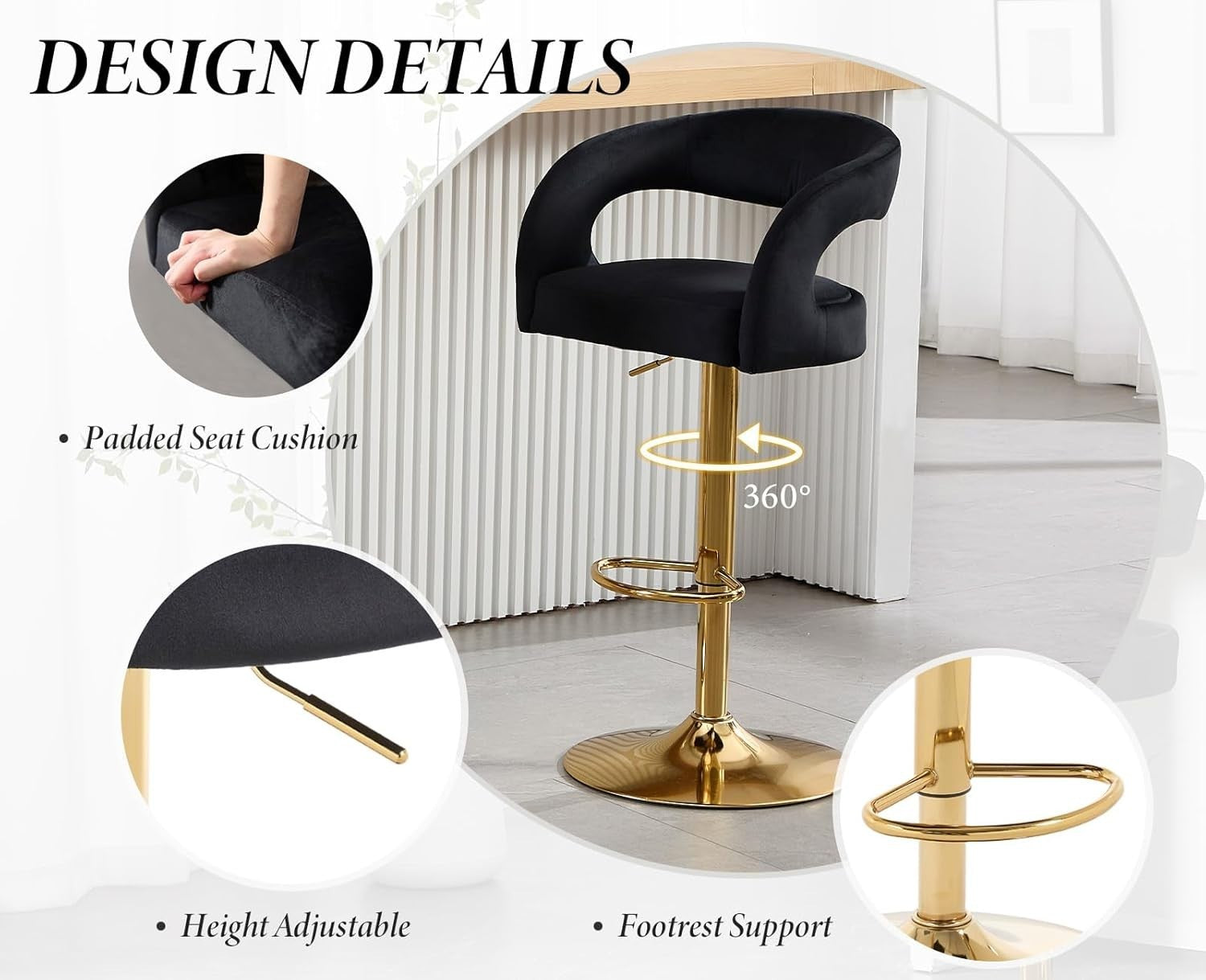 Adjustable Black Velvet Bar Stools Set of 2 Swivel Kitchen Counter