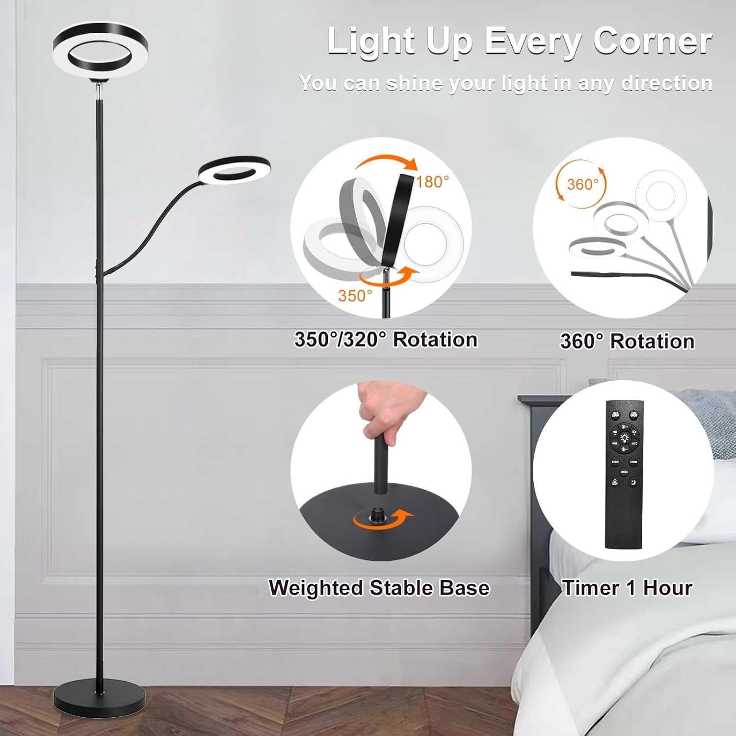 RGB LED Floor Lamp 36W 3600LM Dimmable Torchier with Reading Light