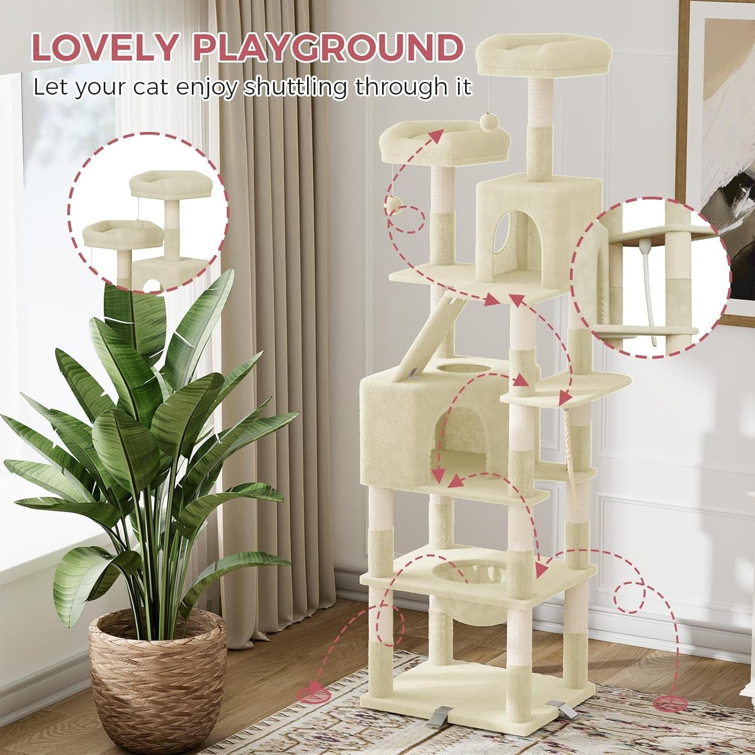 208cm Tall Cat Tree Tower Beige Anti-Tip Multi-Level Condo Scratching Post