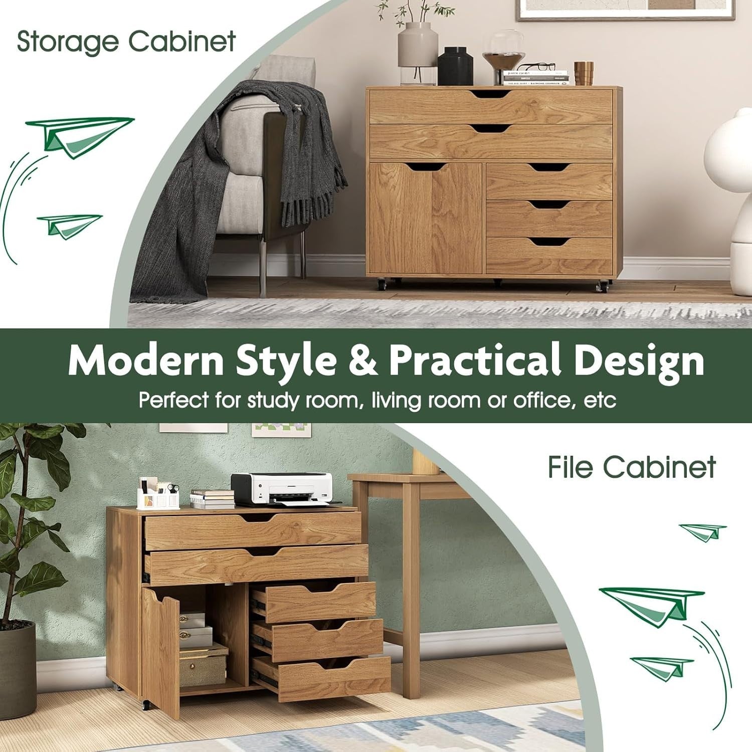 Natural Wood Mobile File Cabinet 77x40x64cm 5 Drawer Printer Stand