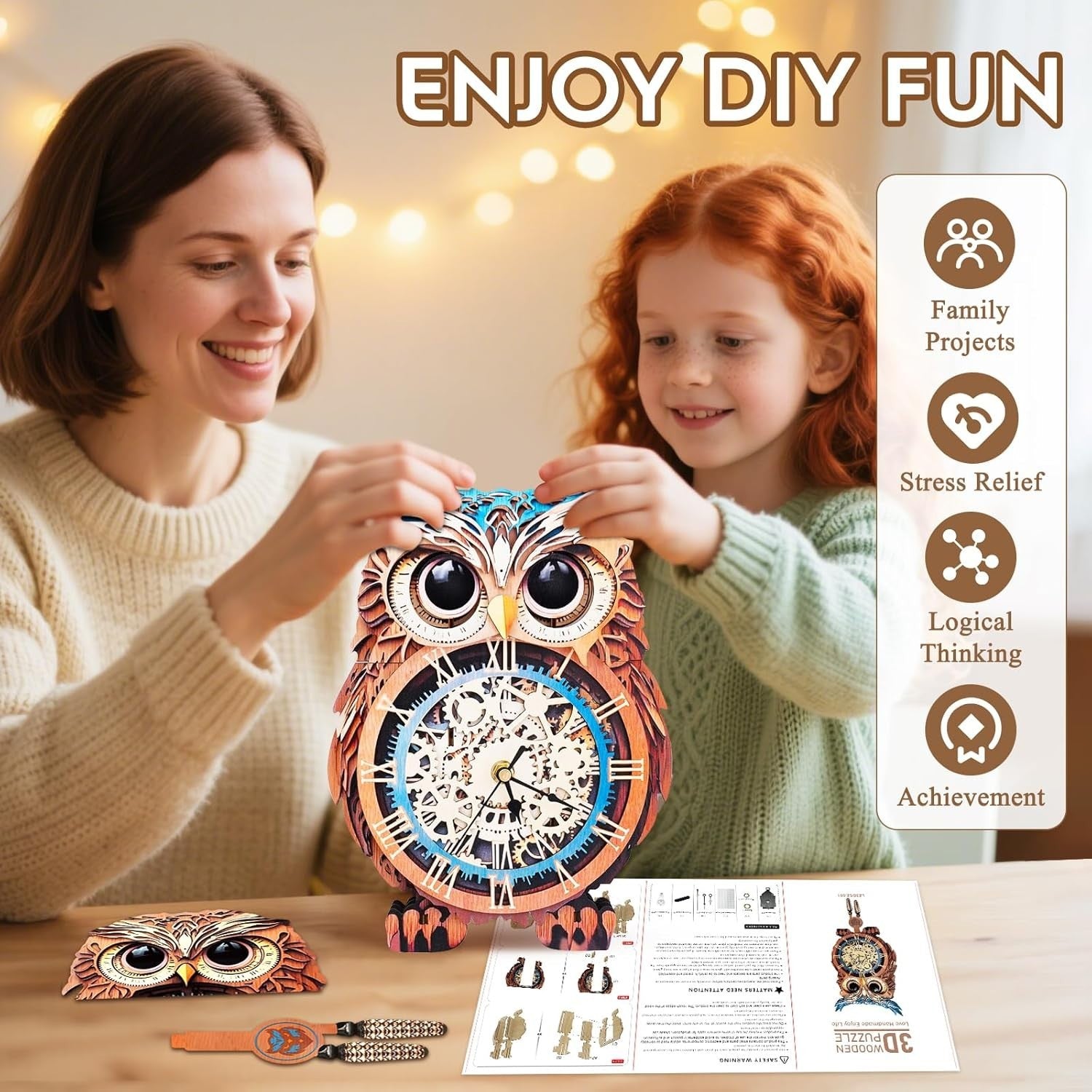 3D Owl Clock Puzzle Wooden Wall Art Timepiece DIY Home Decor Gift